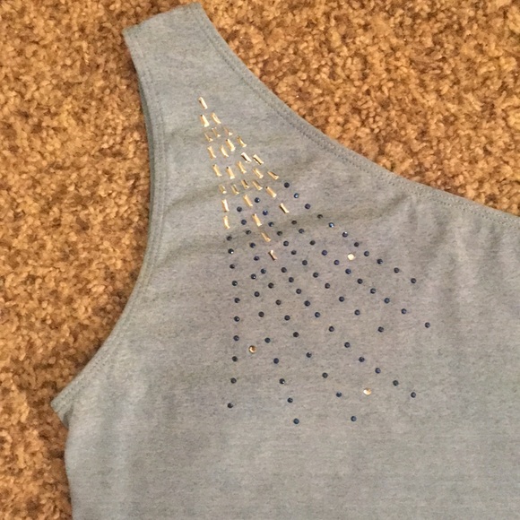 One Shoulder Light Blue Rhinestone Accent Top - Picture 2 of 5